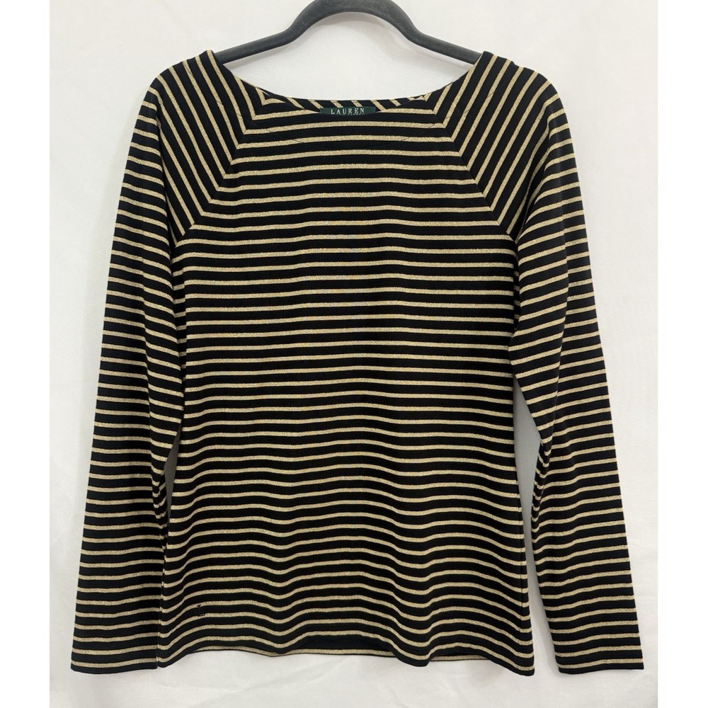 NWT Lauren Ralph Lauren‎ Black Gold Metallic Striped  Top Womens L Petite